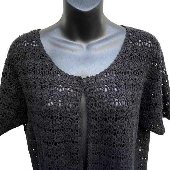 VTG Crochet Knit Short Sleeve Black One Button Cardigan Granny Core Women’s M - Picture 3 of 6